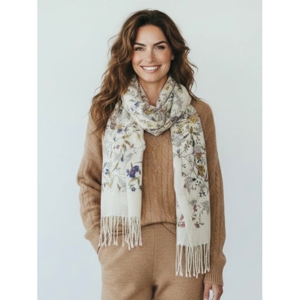 Floral Botanical Print Fringed Scarf Cream Multicolor Lightweight Shawl Wrap